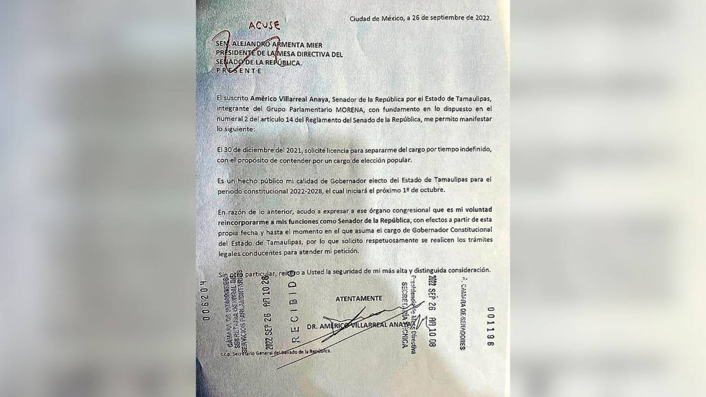 Américo Villarreal anunció su reincorporación al Senado, en medio de la polémica de una supuesta persecución en su contra
