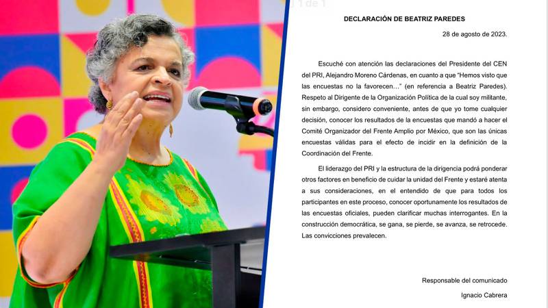 Beatriz Paredes se pronunció tras el comentario del dirigente del PRI, Alejandro Moreno.