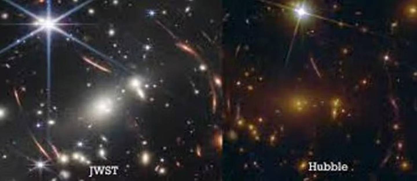Comparativa de la misma zona espacio profundo entre el JWST (imágenes estrelladas de 8 puntas) y el Hubble (4 puntas).