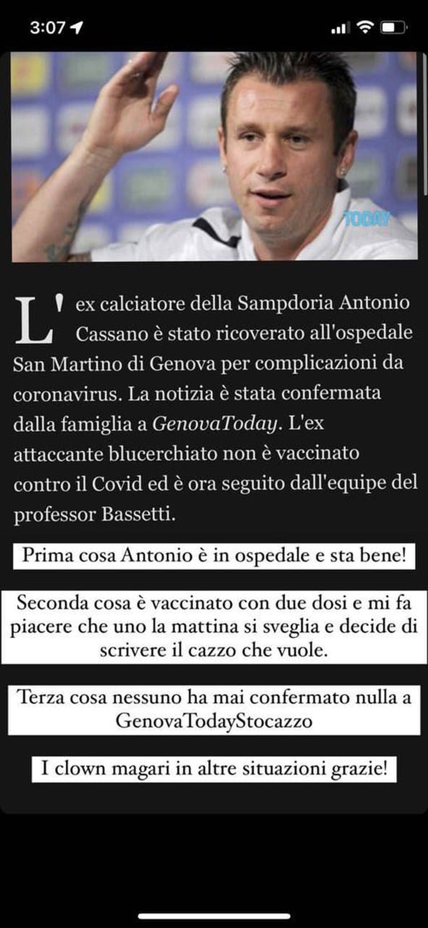 Antonio Cassano, hospitalizado pero en buen estado de salud por COVID-19