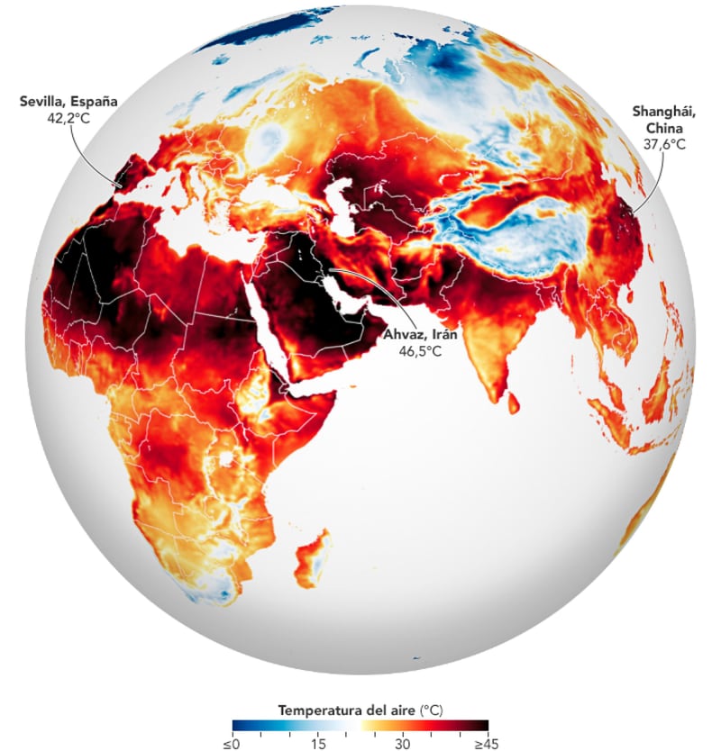 La NASA muestra mapa en el que se muestra las altas temperaturas, varios lugares han pasado los 40 grados Celsius. (NASA)