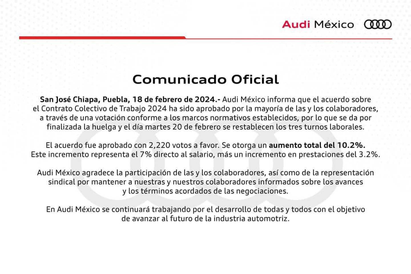Audi México informó que la mayoría de los empleados aprobó el Contrato Colectivo de Trabajo 2024.
