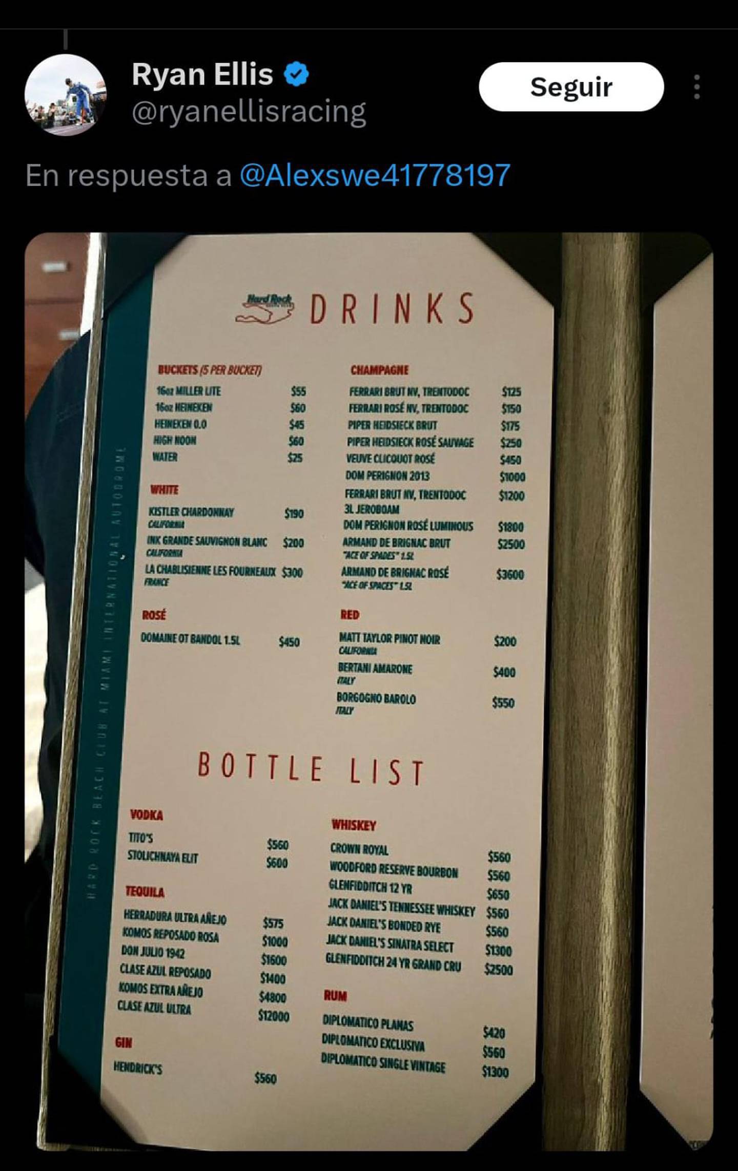 The drinks menu at GP Miami 2024. (Capture)