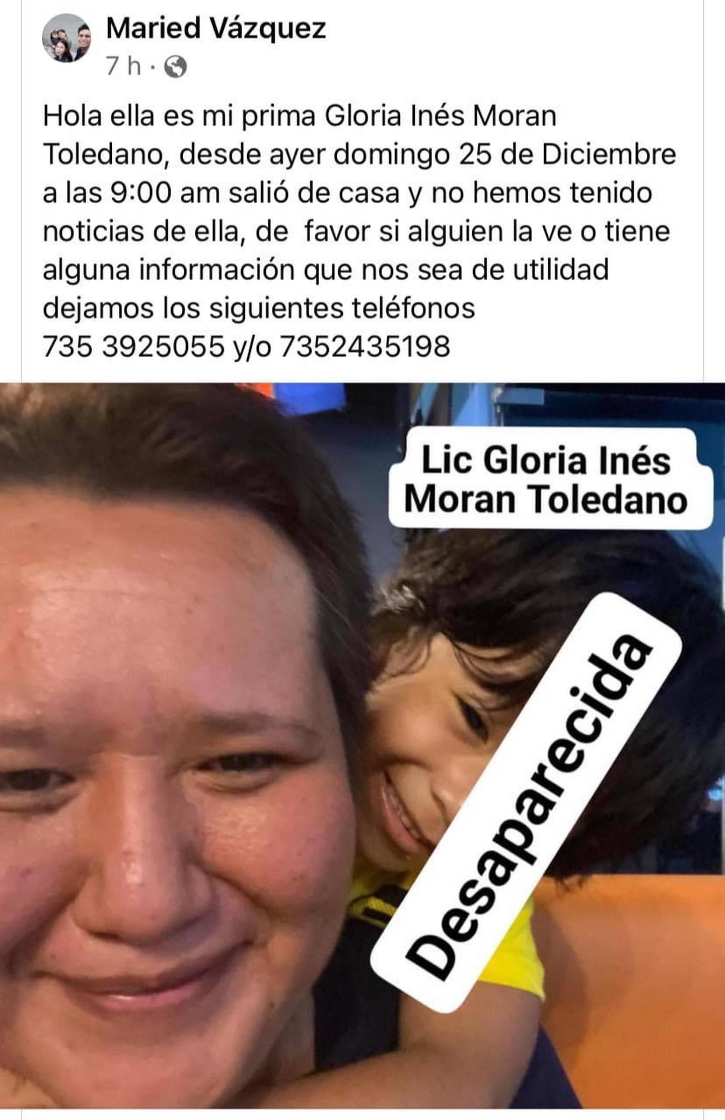 Gloria Inés Morán Toledano fue reportada como desaparecida el pasado 25 de diciembre.