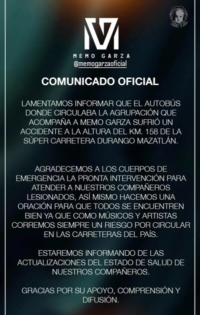 Memo Garza confirmó el accidente automovilístico de su banda. (Foto:; Instagram @memogarzaoficial)