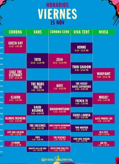 Horarios del Corona Capital del viernes 15 de noviembre. (Foto: Instagram @coronacapital)