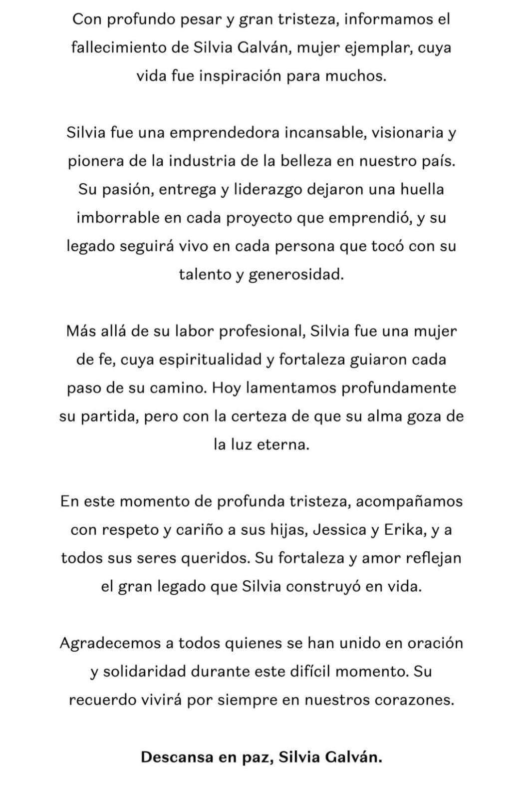 La familia de Silvia Galván confirmó su muerte con un comunicado. (Foto: Instagram @silviagalvanoficial)