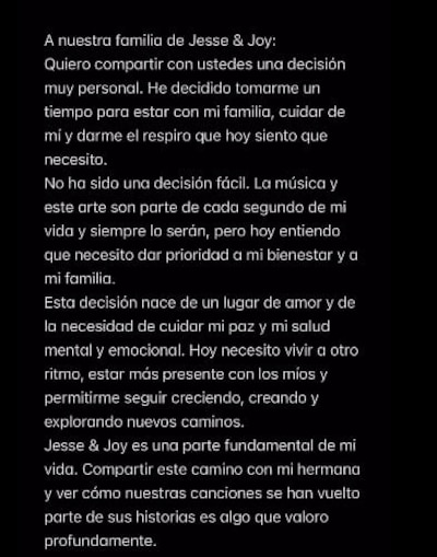 El comunicado de Jesse sobre pausar el proyecto musical junto a su hermana Joy. (Foto: Captura)