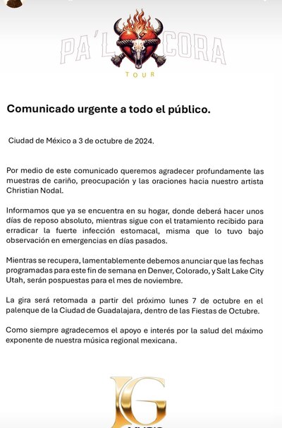 Comunicado compartido por la familia de Christian Nodal acerca de su hospitalización. (Foto: Instagram @nodal)