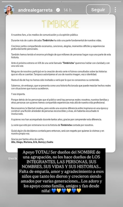 El comunicado de Andrea Legarreta sobre su opinión de la nueva serie de Timbiriche. (Foto: Captura)