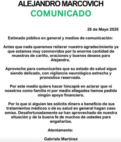 La familia de Alejandro Marcovich compartió un nuevo comunicado del estado de salud del músico. (Foto: Captura)