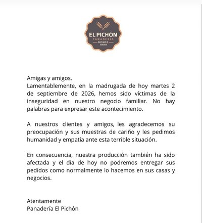 Comunicado oficial de la Panadería El Pichón. (Foto: Captura)