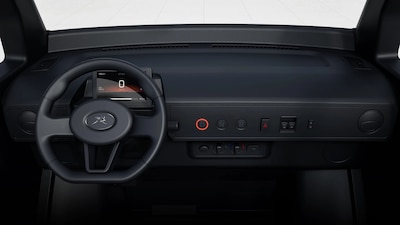 Interfaz digital del tablero del Olinia Uno mostrando velocímetro marcando 50 kmh, nivel de batería al 80 por ciento, autonomía restante de 78 km, odómetro de 230 km y modo de manejo Normal, diseño en negro con degradado rojo.