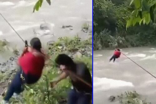 (VIDEO) A falta de un puente, maestros cruzan río en tirolesa para dar clases en Hidalgo