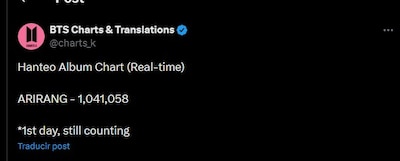 BTS rompió marca de ventas físicas del álbum con el lanzamiento de Arirang. (Foto: Captura)