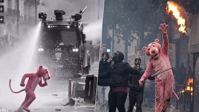 Una persona vestida de la Pantera Rosa apareció en las protestas de Francia, ¿o no? (Foto: Captura)