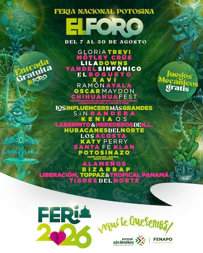 La cartelera de conciertos gratis en la Fenapo 2026. (Foto: Captura)