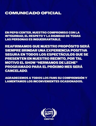 Comunicado oficial del Pepsi Center sobre la cancelación del show de Adrián Marcelo. (Foto: Captura Redes sociales)