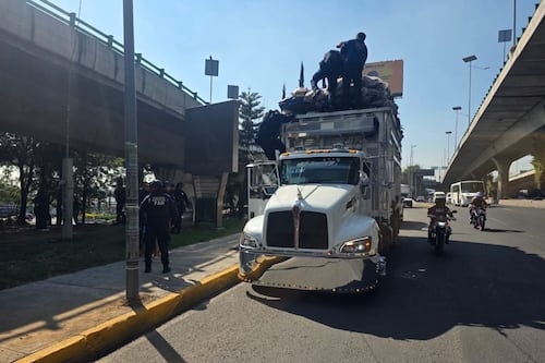 Camión de basura rebasa altura de puente vehícular e impacta a dos trabadores en Edomex