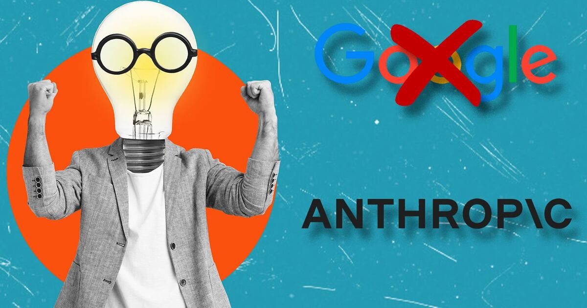 Mavi arka plan üzerinde 'Anthropic' yazısı ve üstü çizili 'Google' logosu bulunurken, gözlüklü ve takım elbiseli, yumruklarını havaya kaldırmış bir adamı içeren bir ampulün bu sahneye bindirildiği bir görsel.