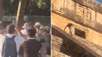 ‘¡Sacrificio, cárcel!’: Turista alemán sube a pirámide de Chichén Itzá y visitantes lo golpean (VIDEO)