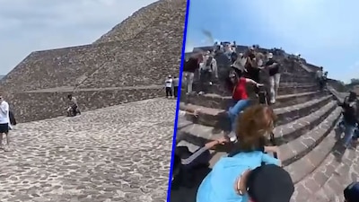 Un turista captó el momento en que Julio César subió a la Pirámide de la Luna