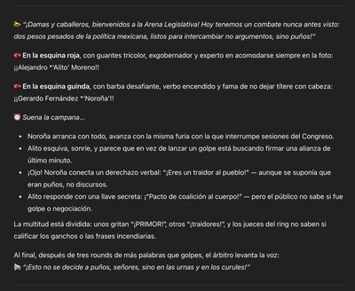 Así narró Chat GPT la pelea entre 'Alito' Moreno y Fernández Noroña en el Senado. (Foto: Inteligencia Artificial)