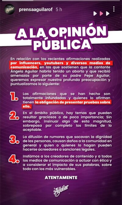 Comunicado de prensa de Los Aguilar respecto a la difusión de un presunto aborto de Ángela. (Foto: Instagram @prensaaguilarof)