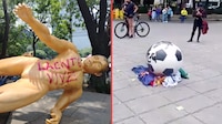 Miembros de la CNTE derriban y queman estatuas del Mundial 2026 en Paseo de la Reforma