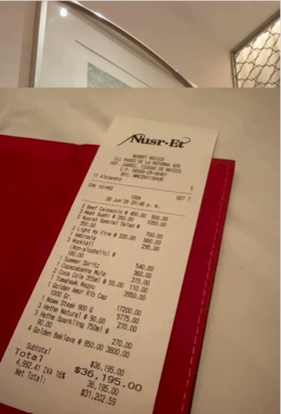 La foto del ticket de la cuenta que pagó Aldo de Nigris en el restaurante Nusr-Et en CDMX. (Foto: Captura)