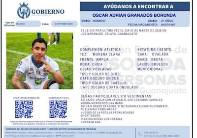 Esta es la ficha de búsqueda emitida tras la desaparición de óscar 'El Boru' en Celaya. (Foto: Fiscalía de Guanajuato)