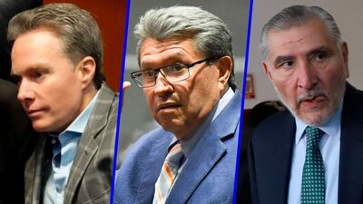 En la imagen, Manuel Velasco, Ricardo Monreal y Adán Augusto, quienes se disculparon por darle la espalda a la presidenta, durante el evento en el Zócalo