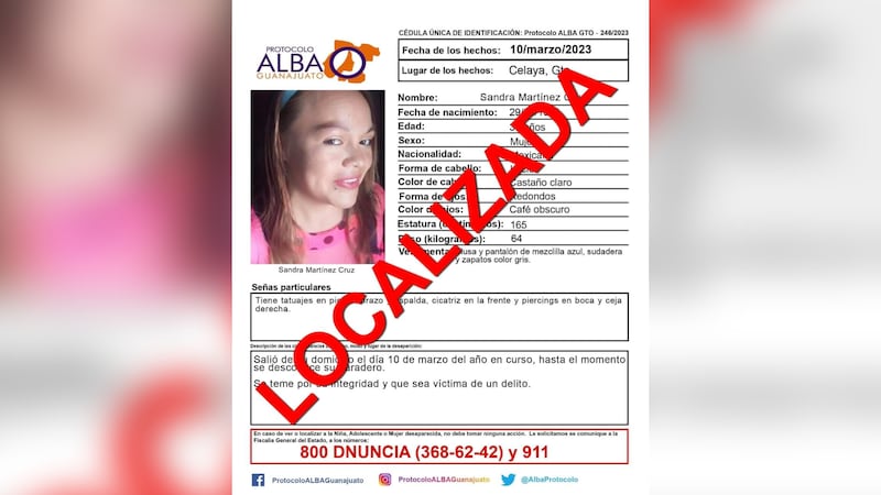 Encuentran con vida a Sandra Martínez, mujer desaparecida en Celaya, Guanajuato