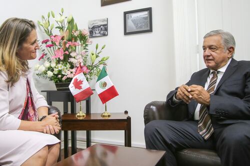 Termina reunión de AMLO y Chrystia Freeland, canciller canadiense
