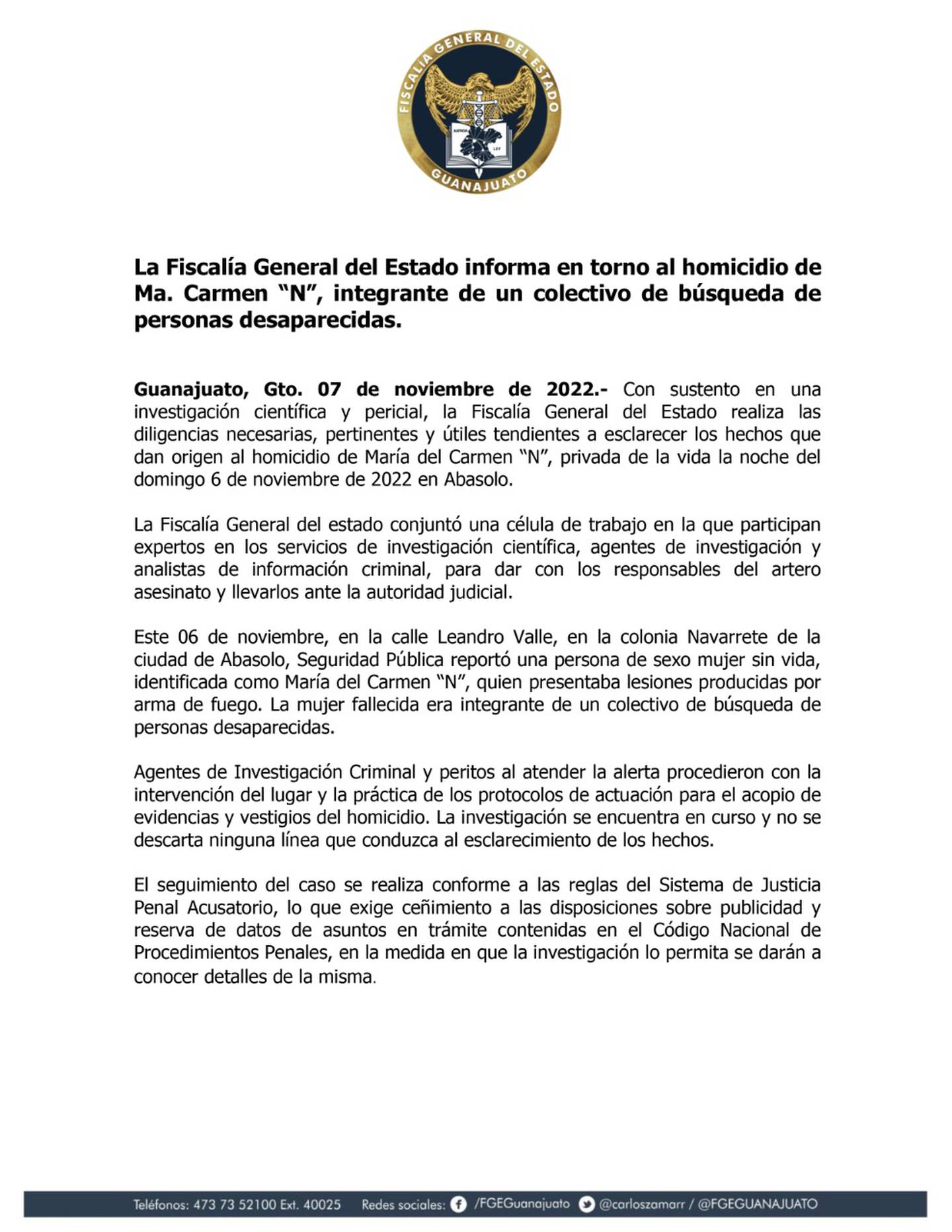 La Fiscalía de Guanajuato ya inició una investigación por el asesinato de la Madre Buscadora, María Carmela (Foto: Twitter/@FGEGUANAJUATO)